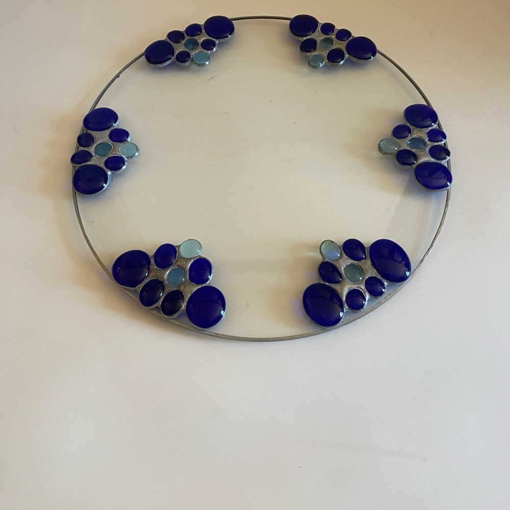 Vintage Round Glass Anat Brigg Plate Clear glass blue mosaic Silver Metal Home